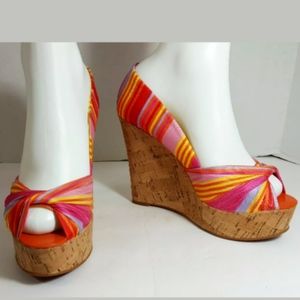 9 West Canvas & Cork Platform Wedge Heel Sz 6.5 M